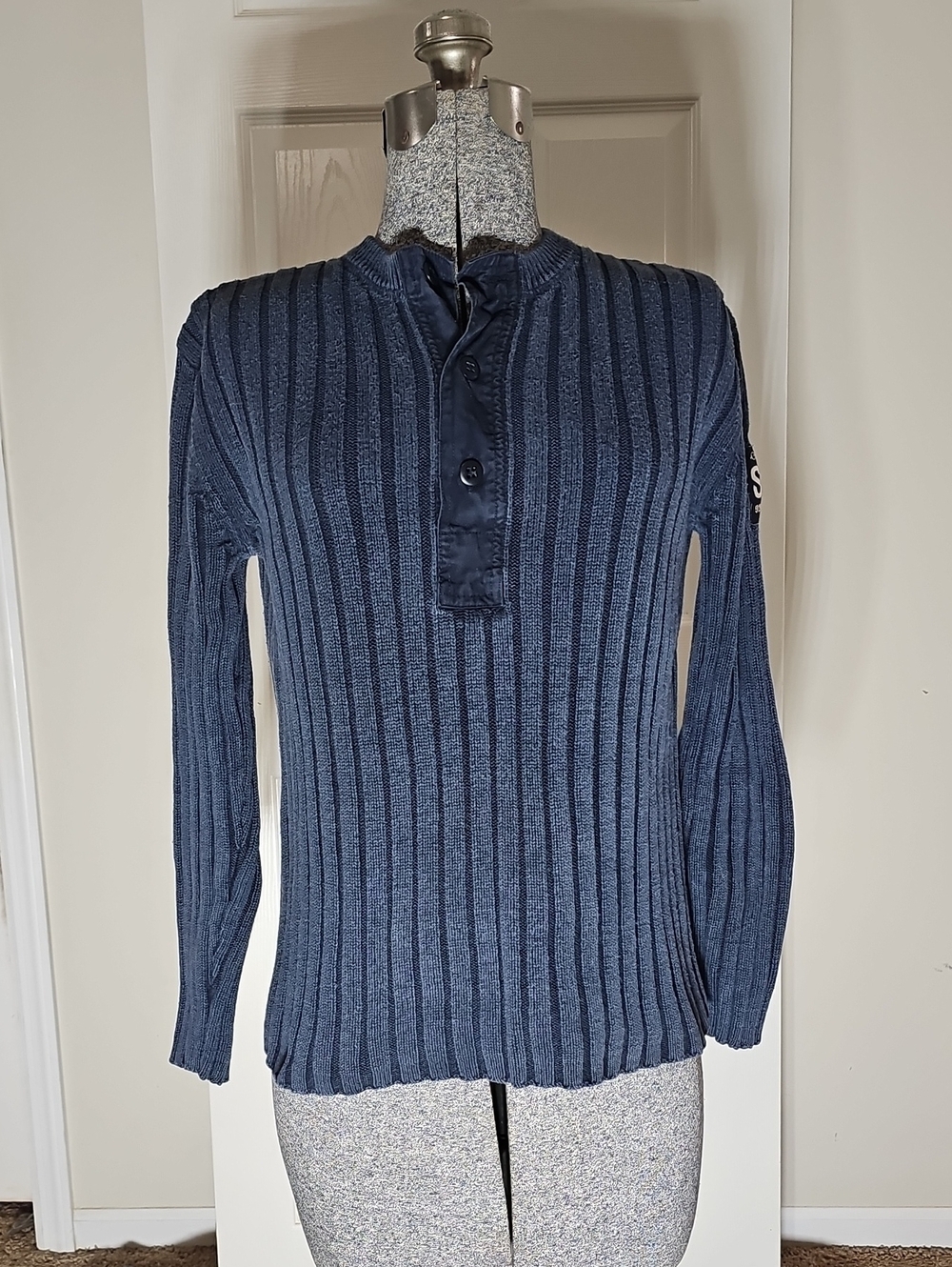 STRUCTURE Ribbed Henley 90s Vintage Sweater Blue  Durable Heavy Size S